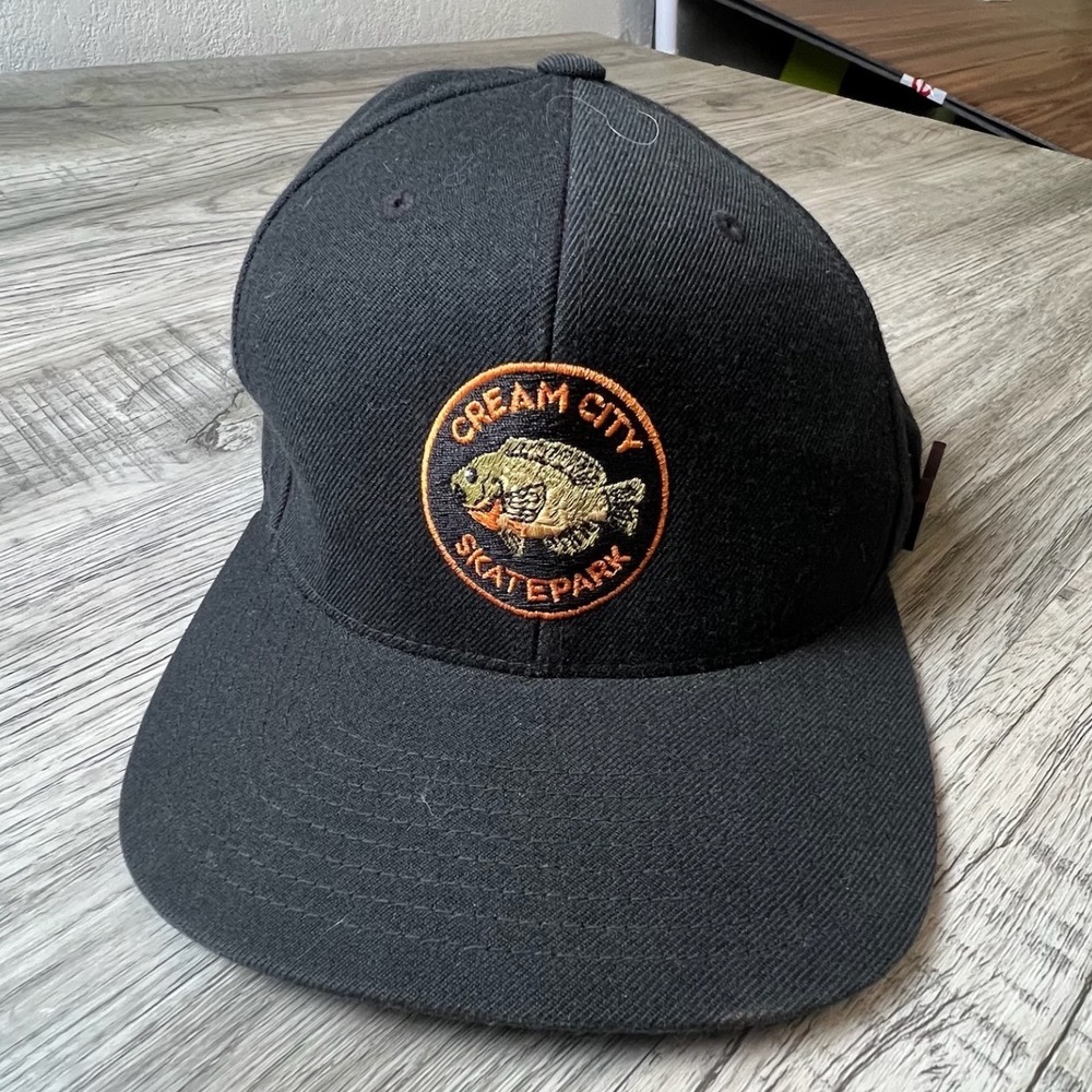 Yupoong Cream City Skatepark Hat Unisex OSFM Black Snapback Fish Patch Pin Cap